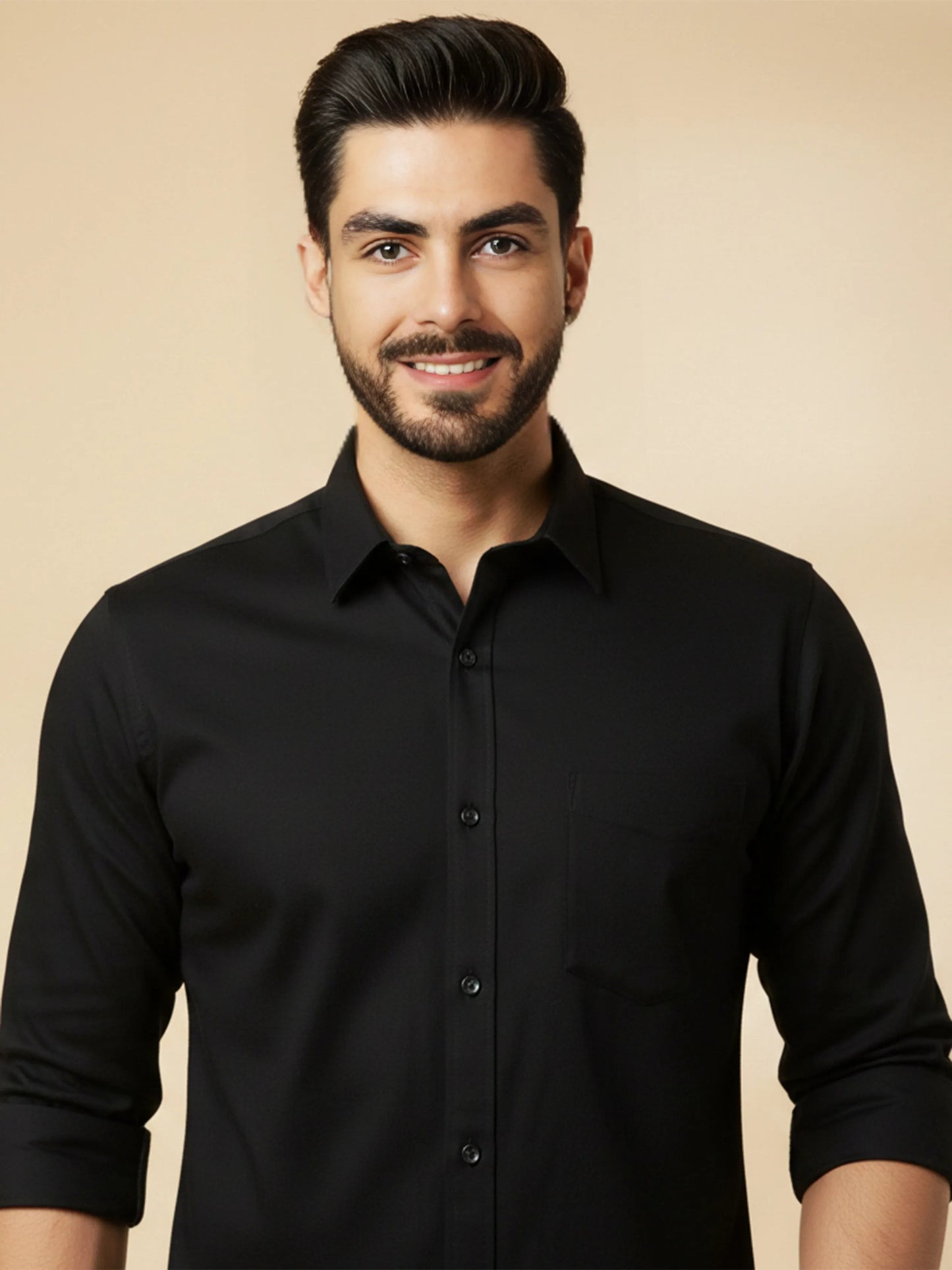 Black Cotton Blend Solid Casual Shirt
