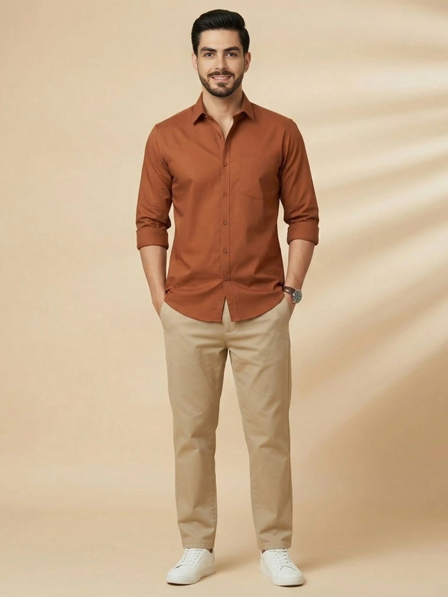 Rust Cotton Blend Solid Casual Shirt