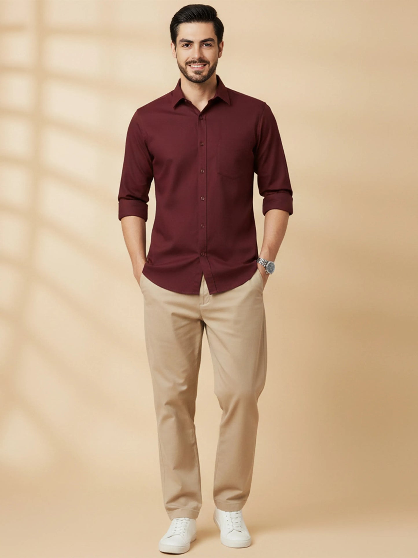 Maroon Cotton Blend Solid Casual Shirt