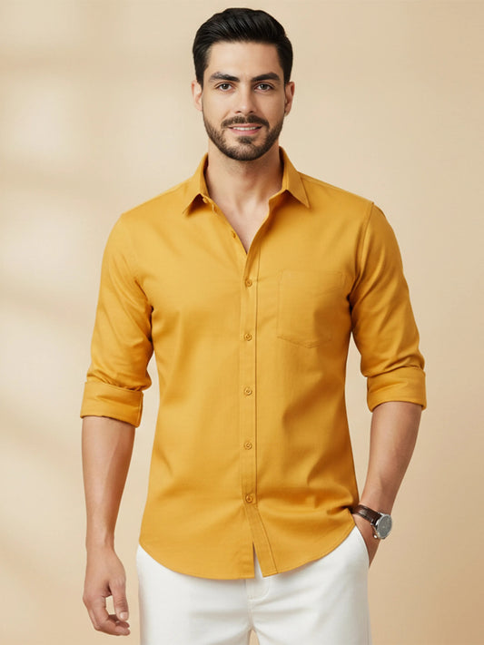 Yellow Cotton Blend Solid Casual Shirt
