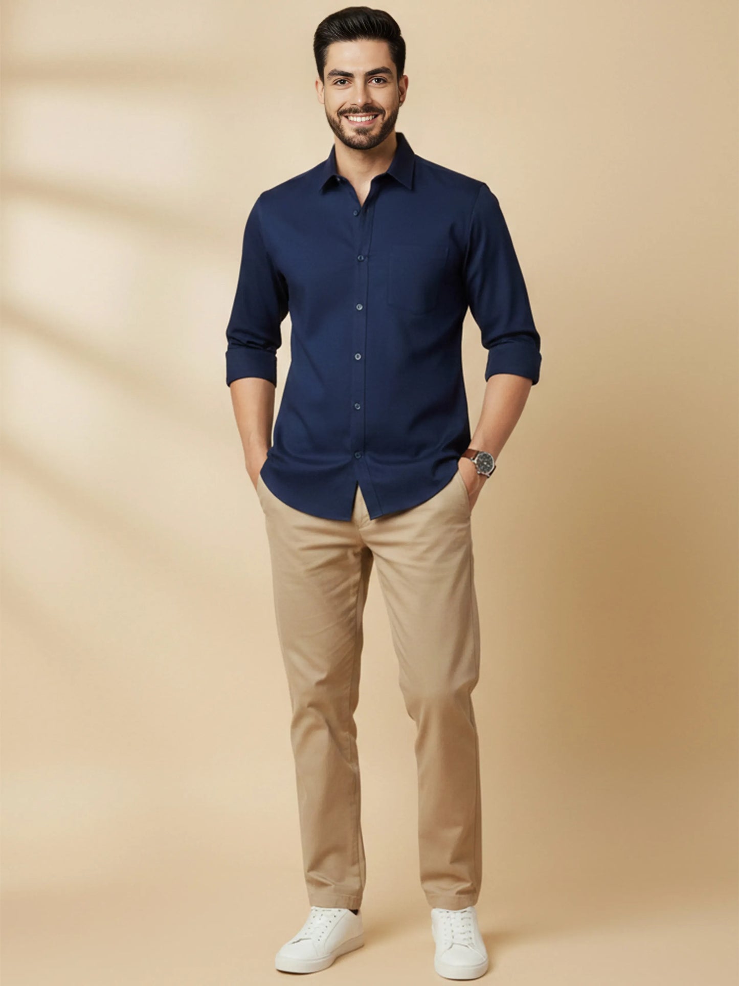 Navy Blue Cotton Blend Solid Casual Shirt
