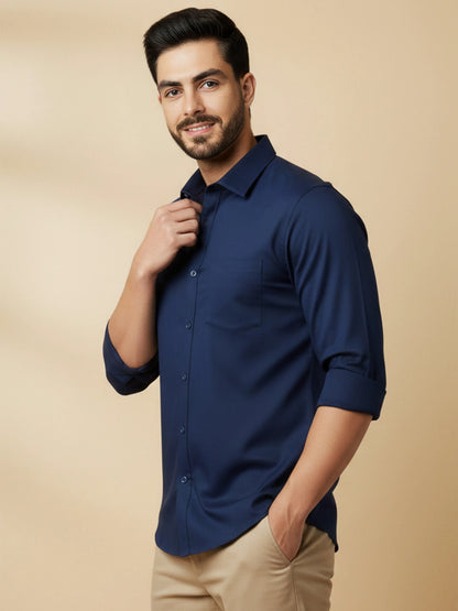 Navy Blue Cotton Blend Solid Casual Shirt