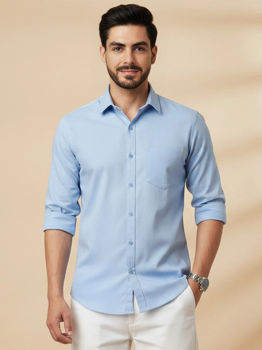 Sky Blue Cotton Blend Solid Casual Shirt