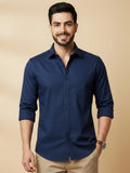 Navy Blue Cotton Blend Solid Casual Shirt