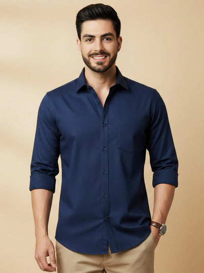 Navy Blue Cotton Blend Solid Casual Shirt