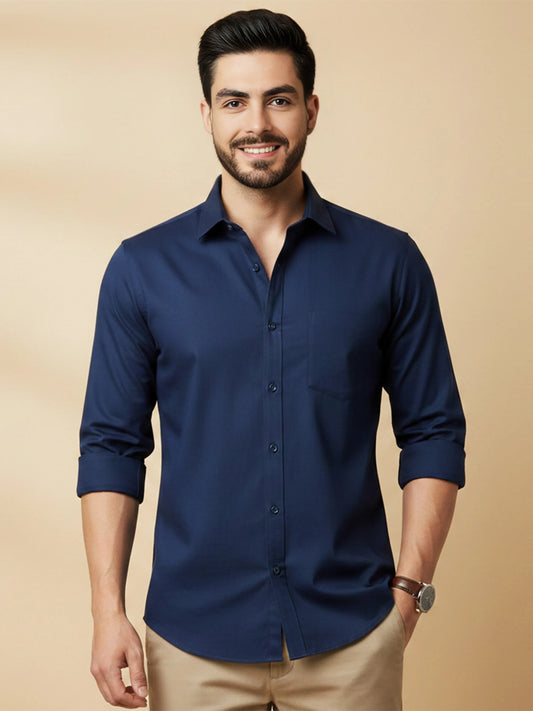 Navy Blue Cotton Blend Solid Casual Shirt