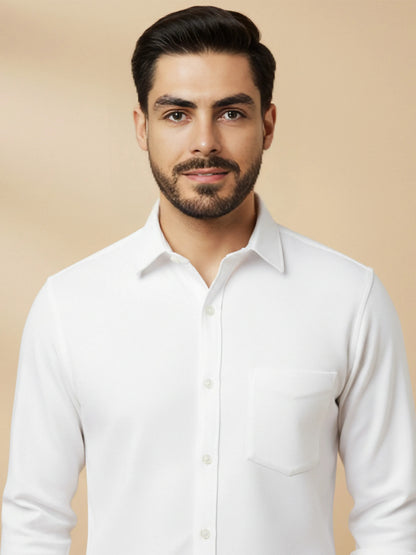 White Cotton Blend Solid Casual Shirt