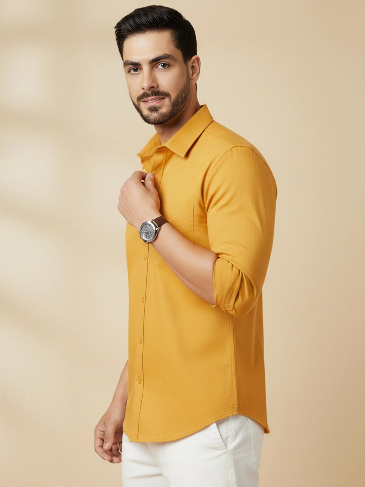 Yellow Cotton Blend Solid Casual Shirt