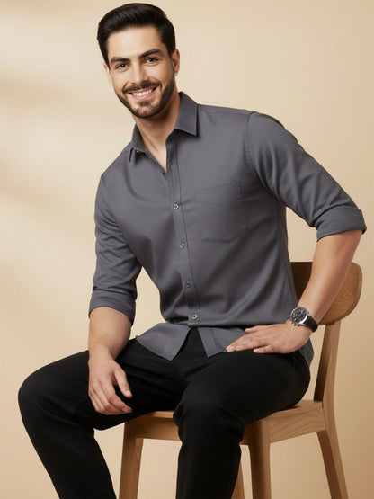 Gray Cotton Blend Solid Casual Shirt