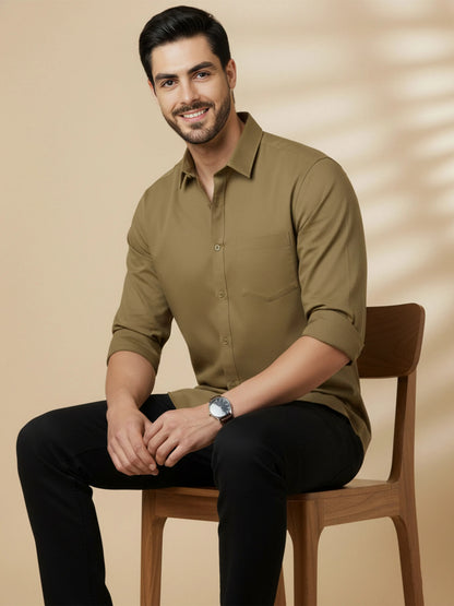 Khaki Cotton Blend Solid Casual Shirt