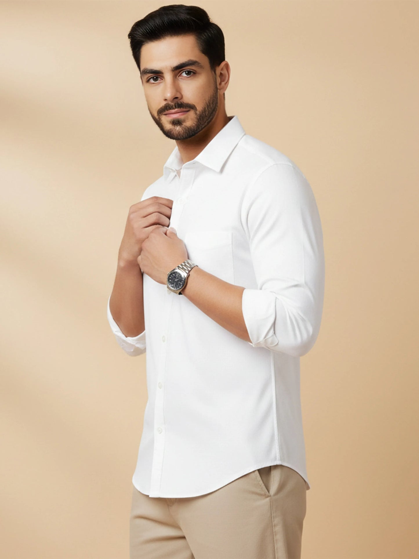 White Cotton Blend Solid Casual Shirt