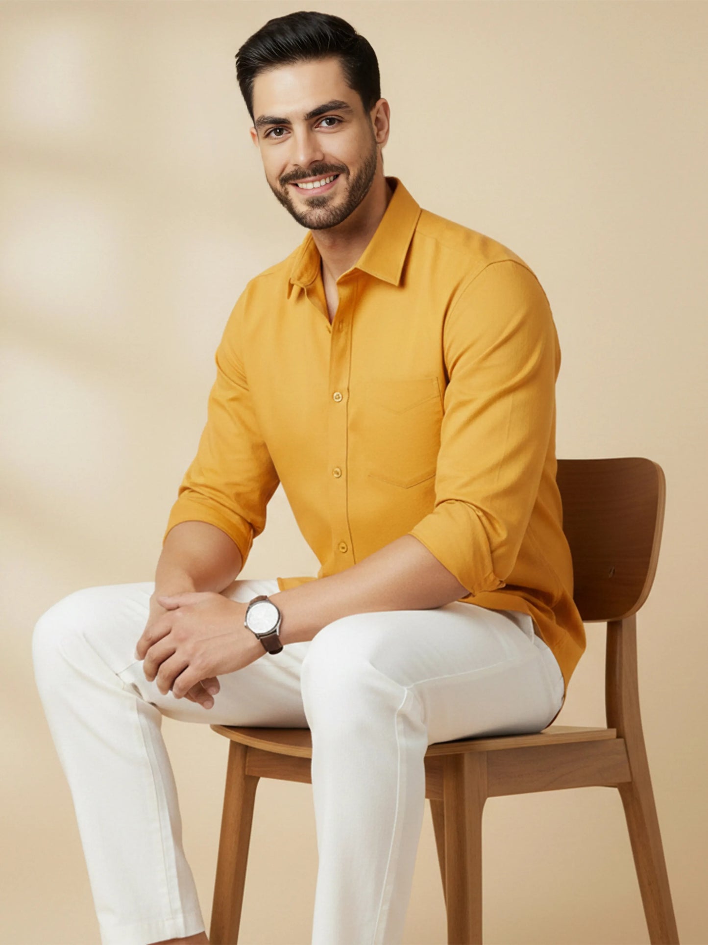 Yellow Cotton Blend Solid Casual Shirt