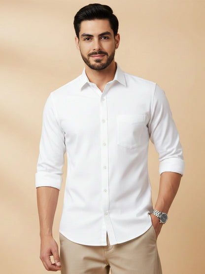 White Cotton Blend Solid Casual Shirt