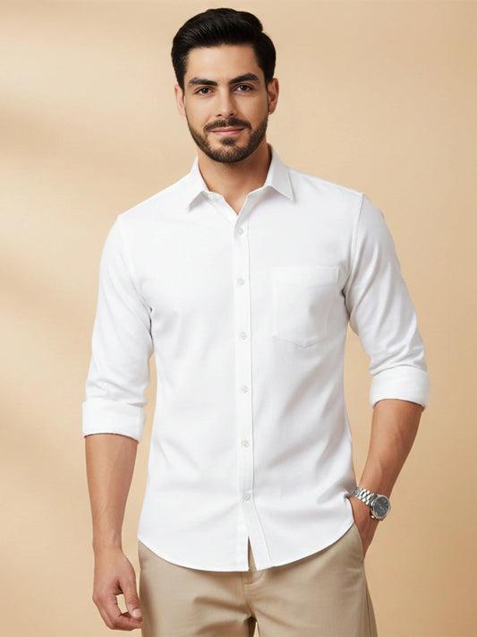 White Cotton Blend Solid Casual Shirt