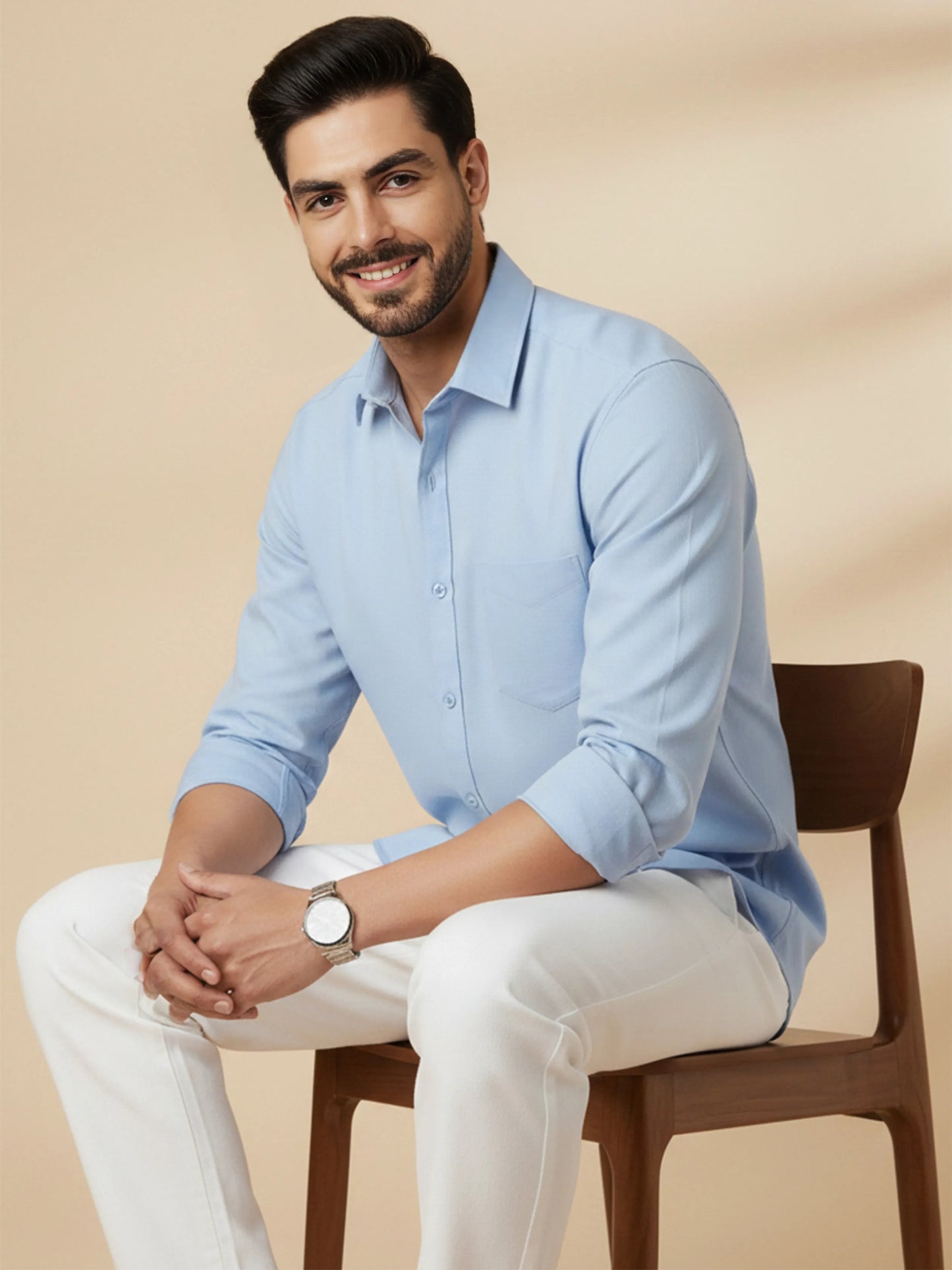 Sky Blue Cotton Blend Solid Casual Shirt