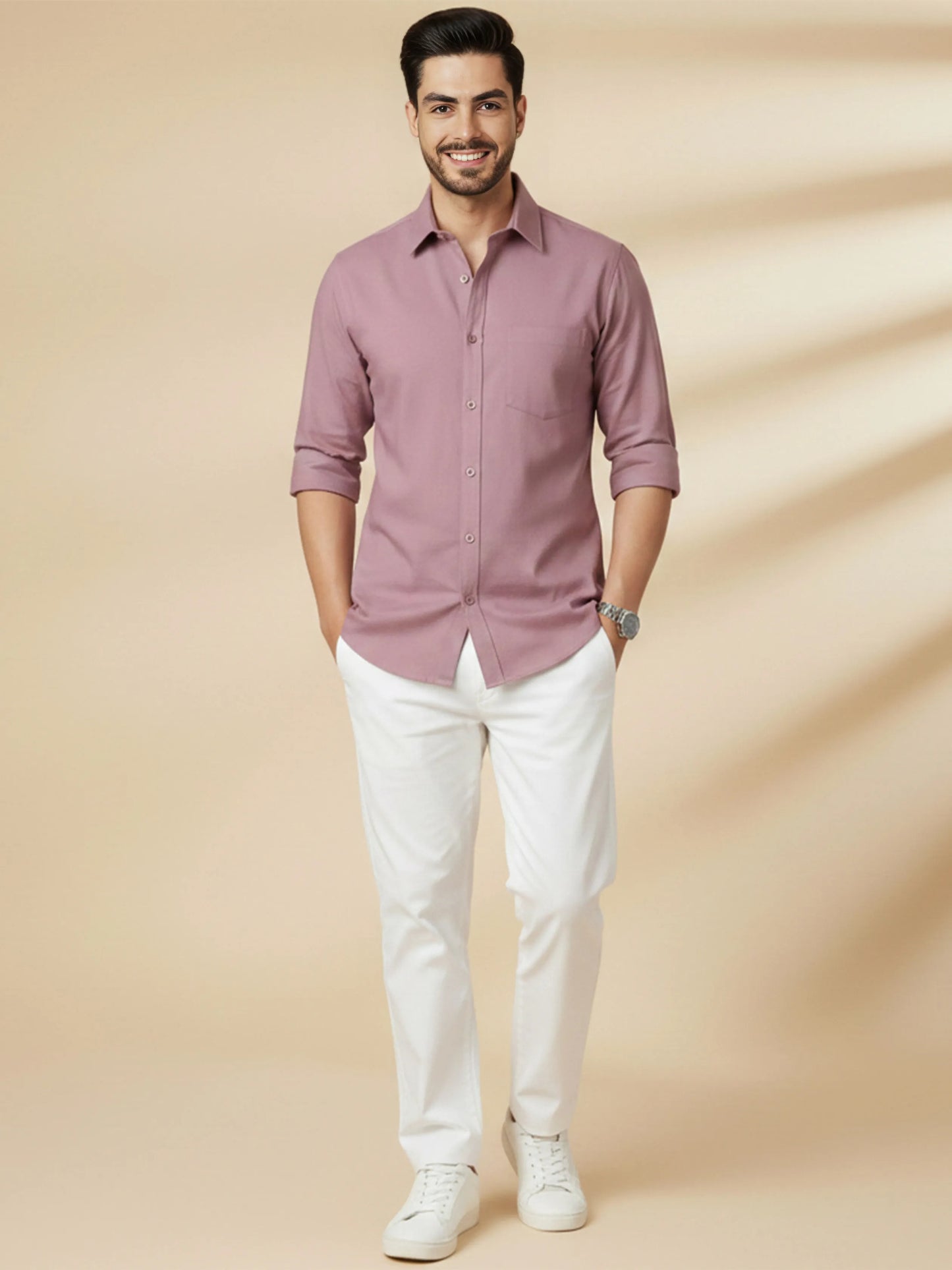 Dusty Pink Cotton Blend Solid Casual Shirt