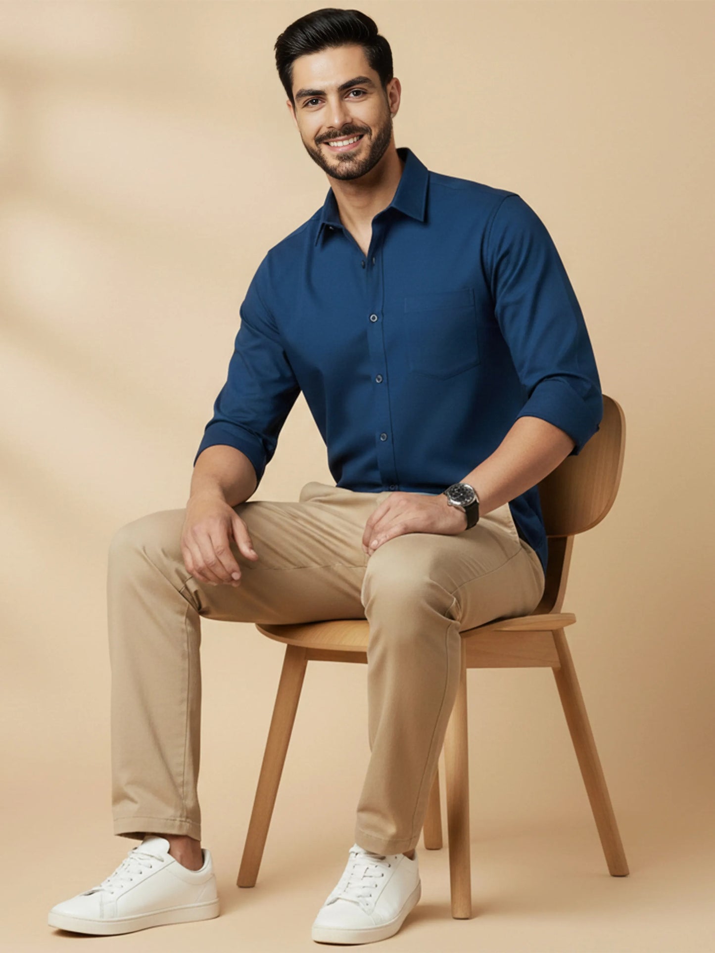 Teal Blue Cotton Blend Solid Casual Shirt