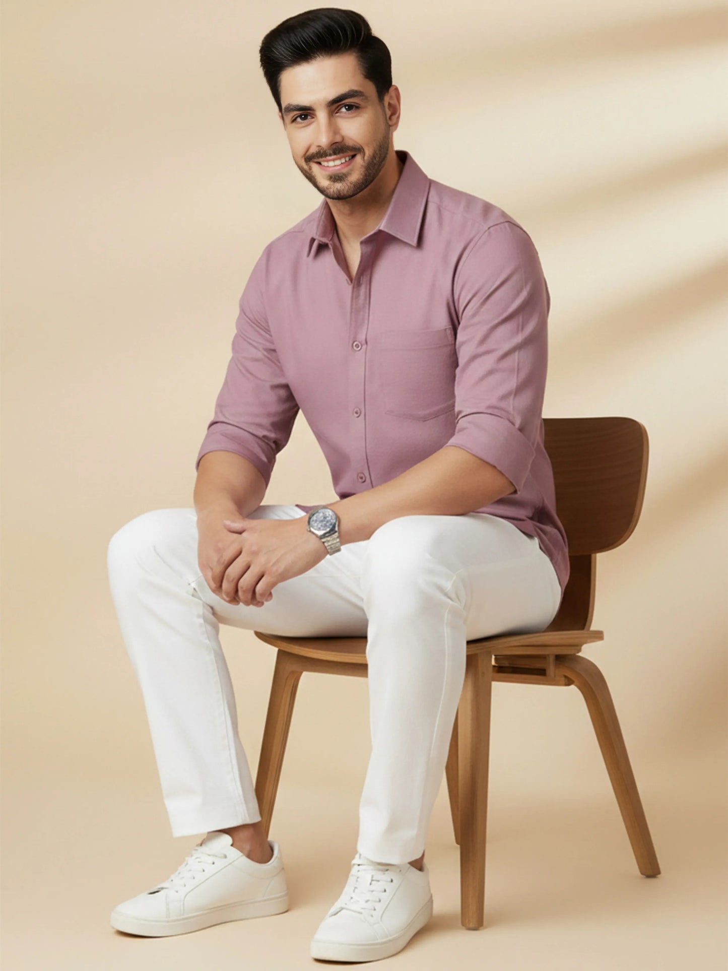 Dusty Pink Cotton Blend Solid Casual Shirt