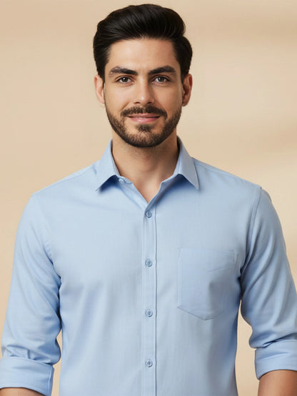 Sky Blue Cotton Blend Solid Casual Shirt