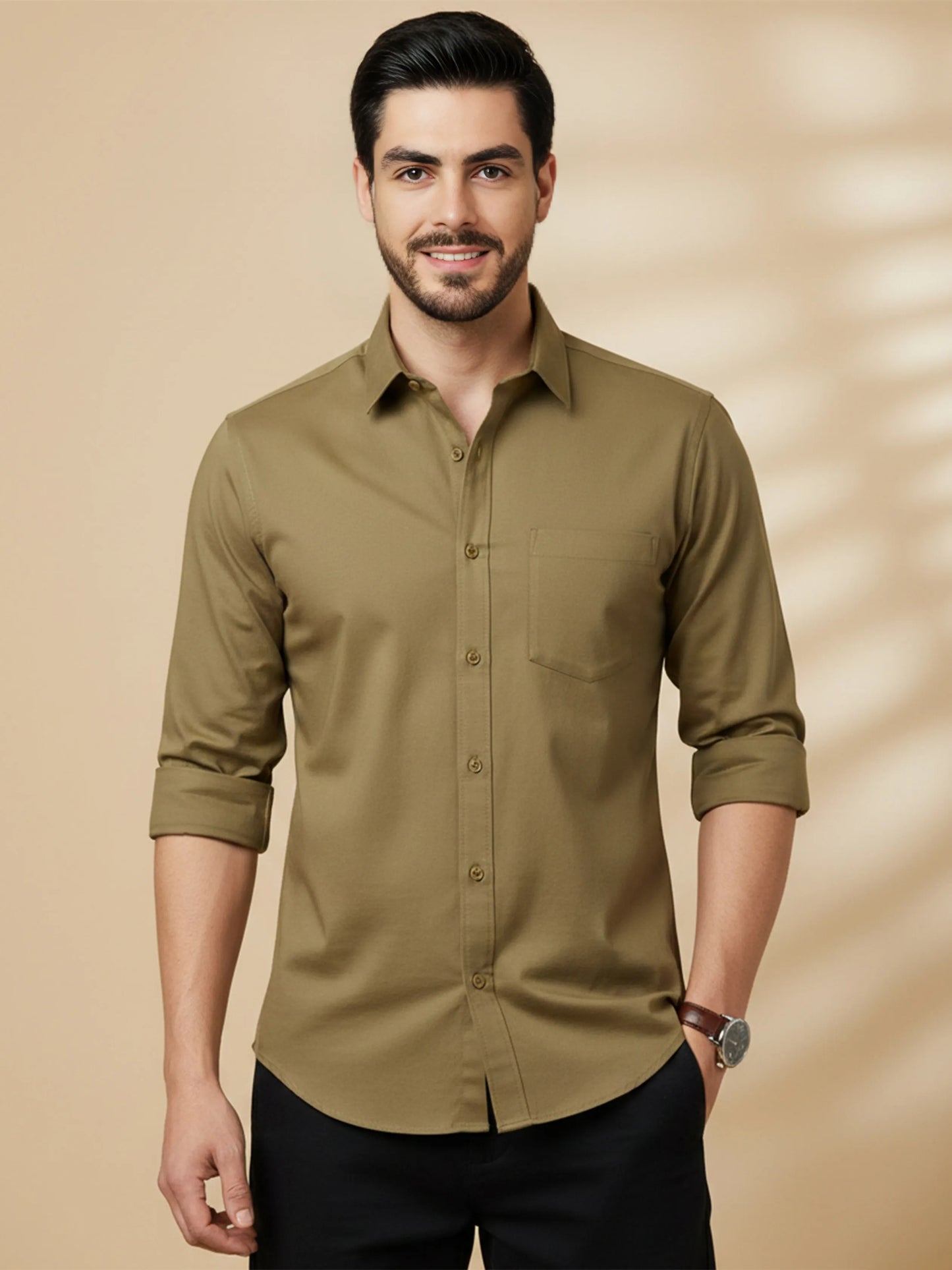 Khaki Cotton Blend Solid Casual Shirt