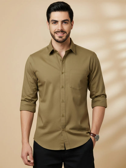 Khaki Cotton Blend Solid Casual Shirt