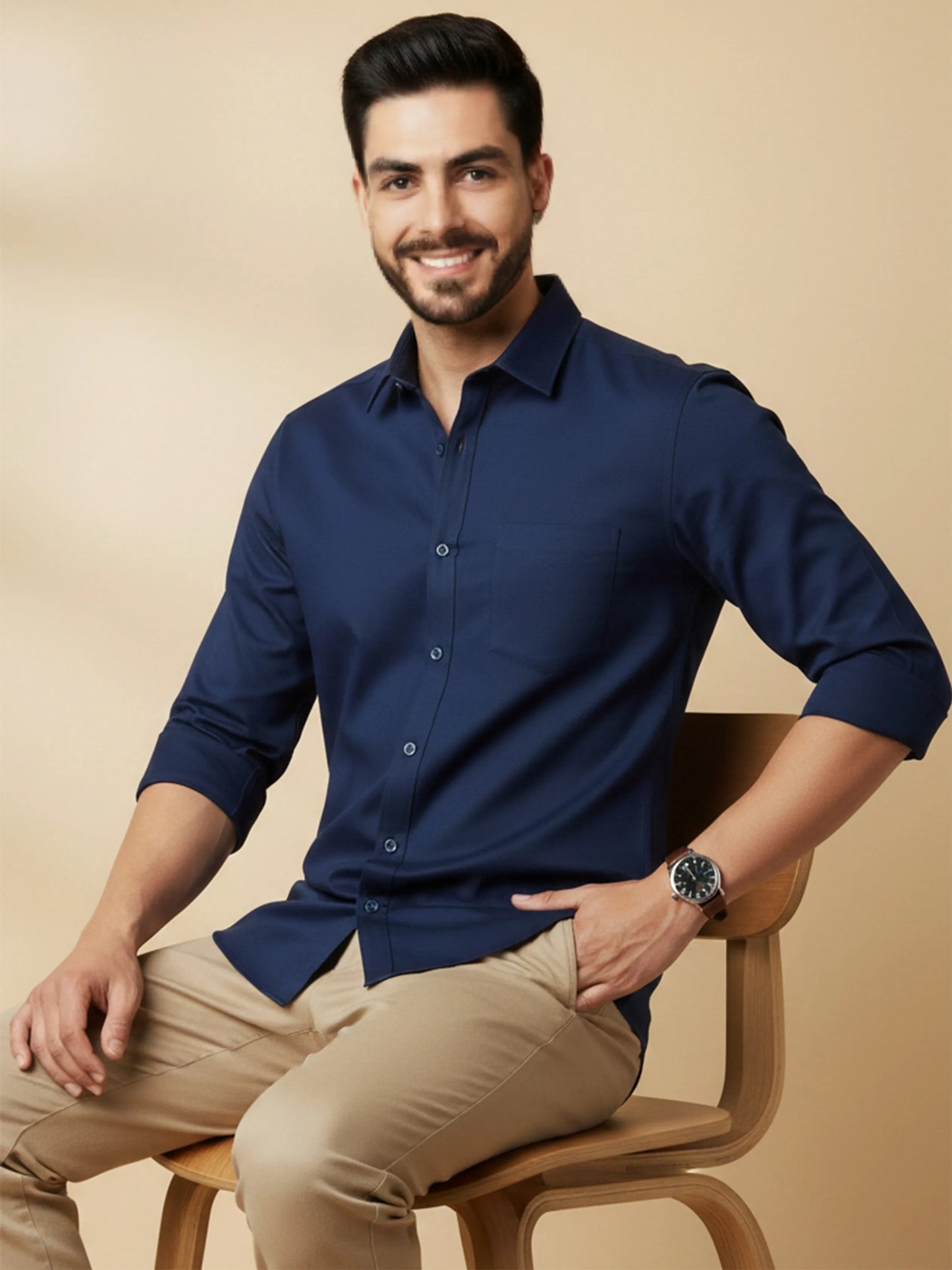 Navy Blue Cotton Blend Solid Casual Shirt