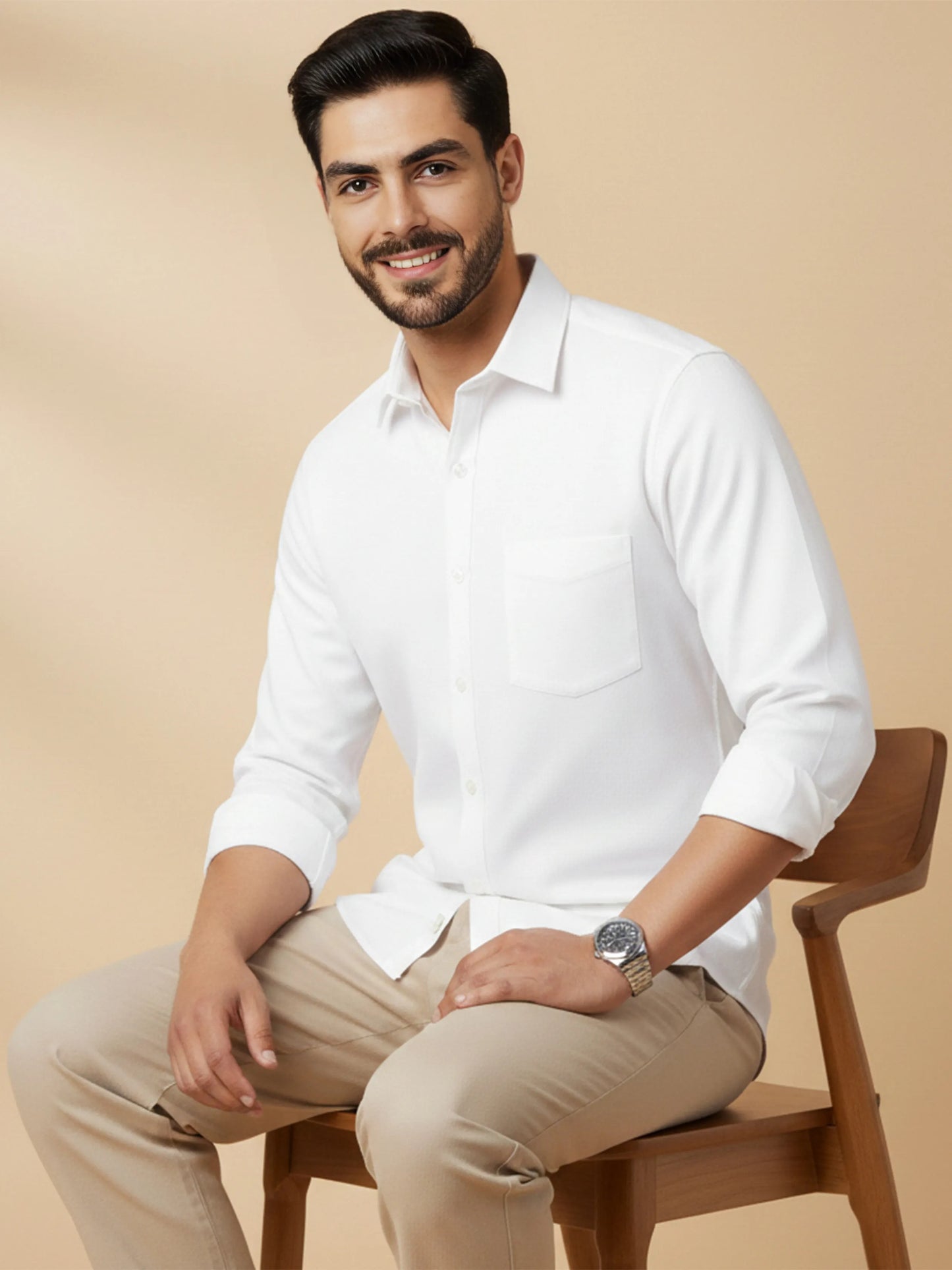 White Cotton Blend Solid Casual Shirt