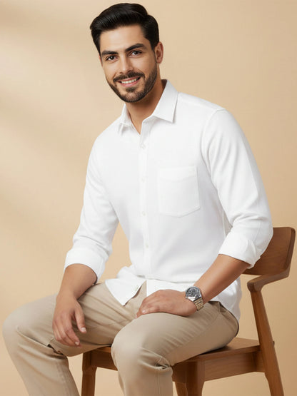 White Cotton Blend Solid Casual Shirt