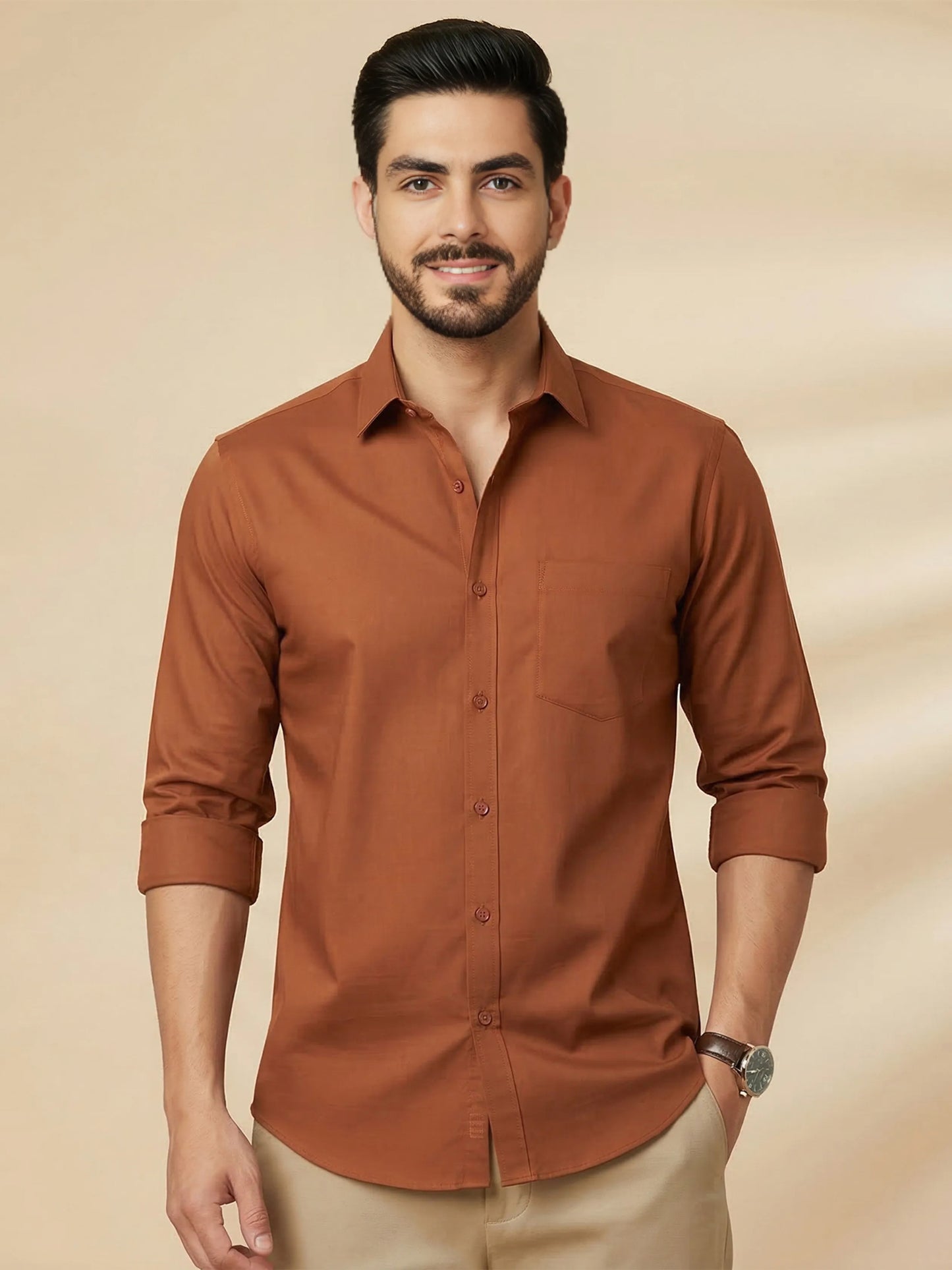 Rust Cotton Blend Solid Casual Shirt