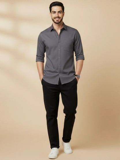 Gray Cotton Blend Solid Casual Shirt