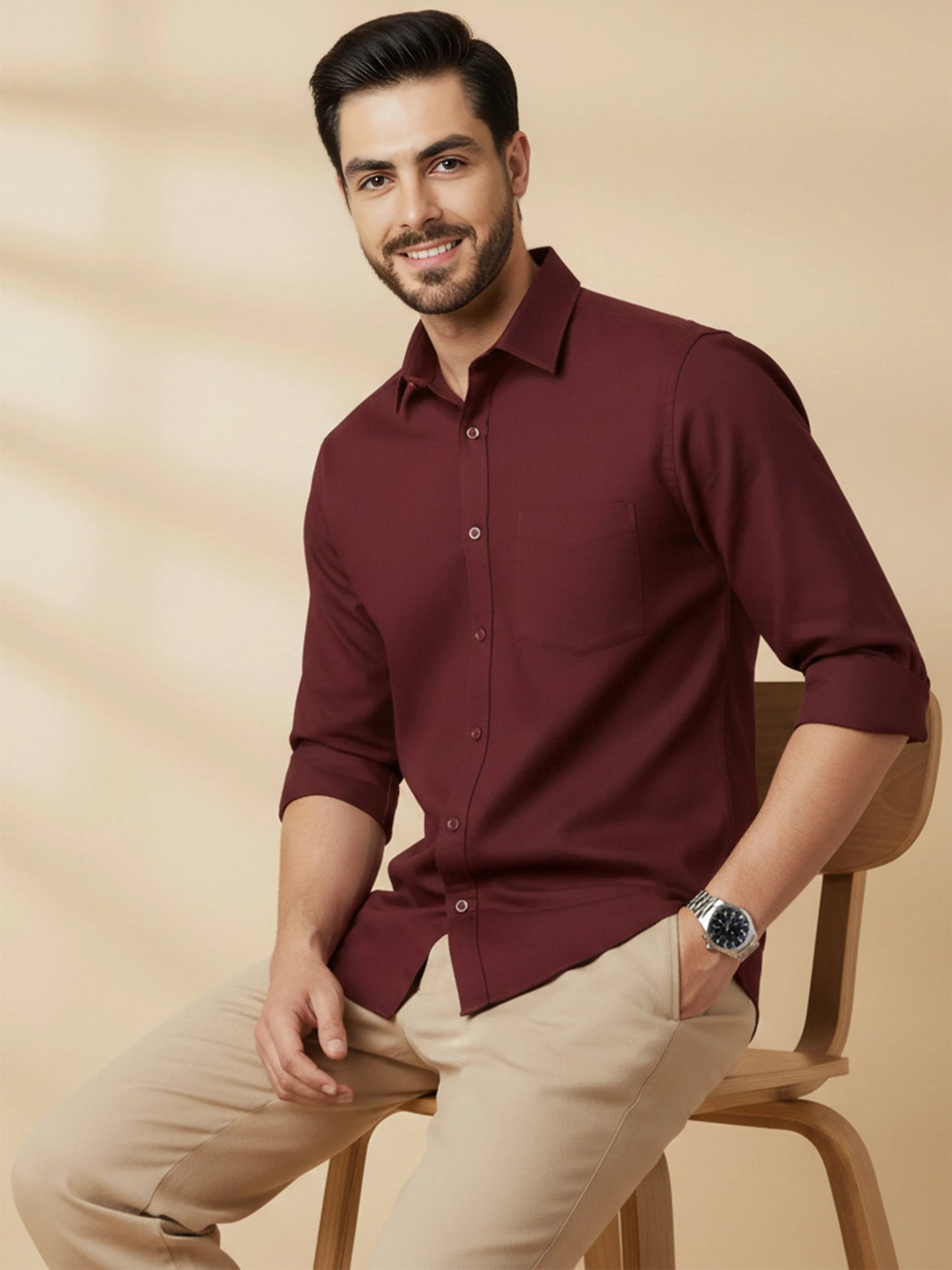 Maroon Cotton Blend Solid Casual Shirt