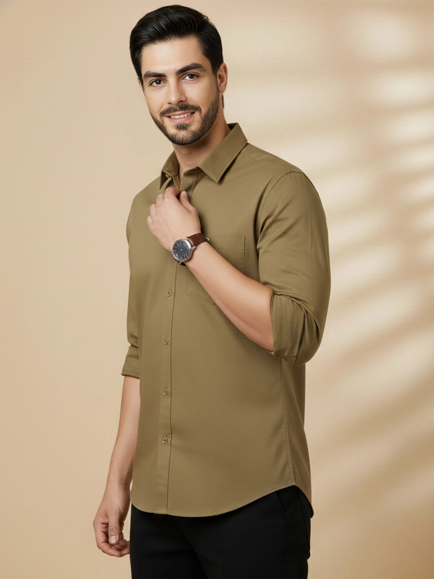 Khaki Cotton Blend Solid Casual Shirt