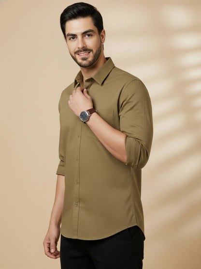 Khaki Cotton Blend Solid Casual Shirt