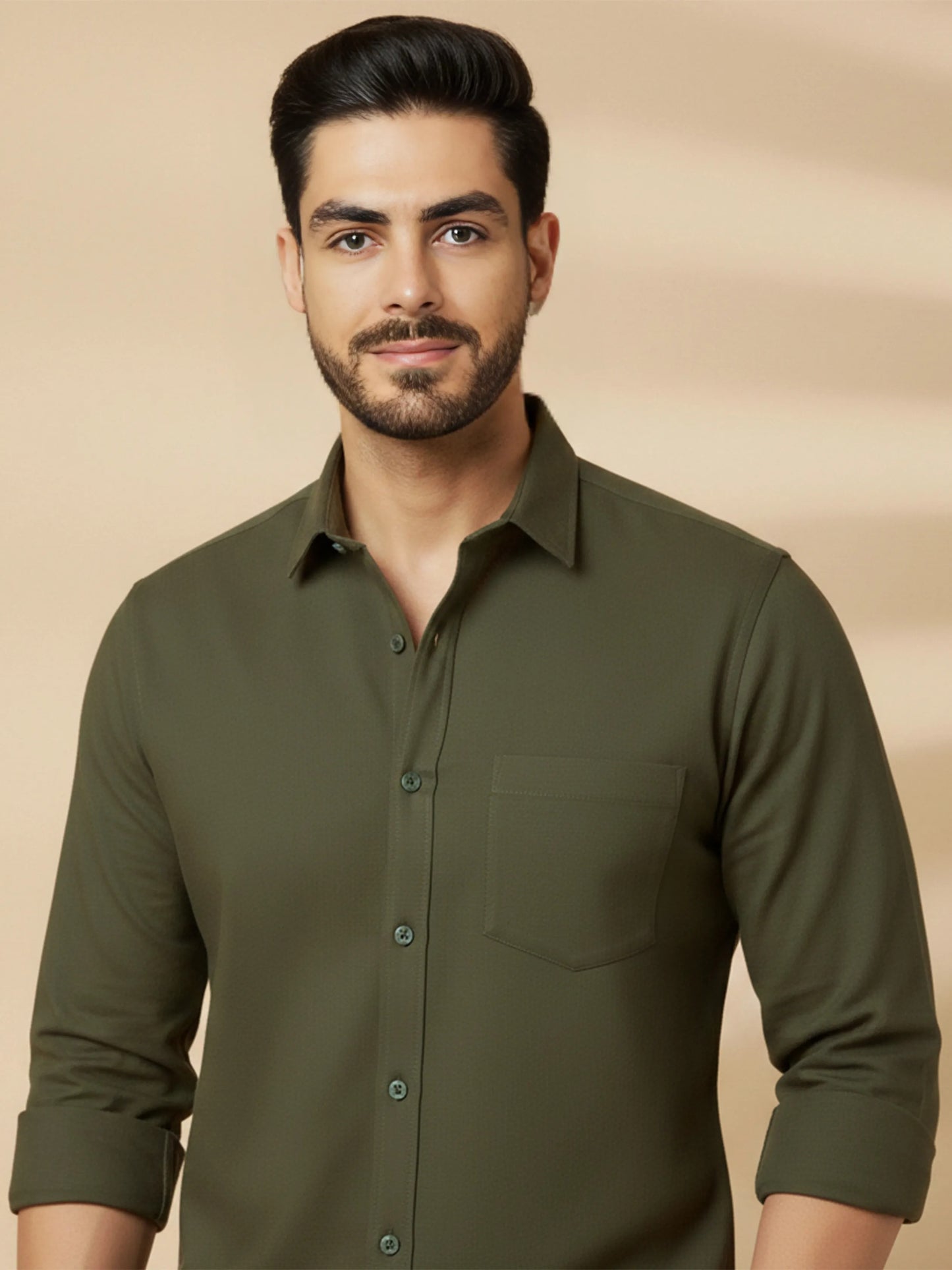 Olive Cotton Blend Solid Casual Shirt