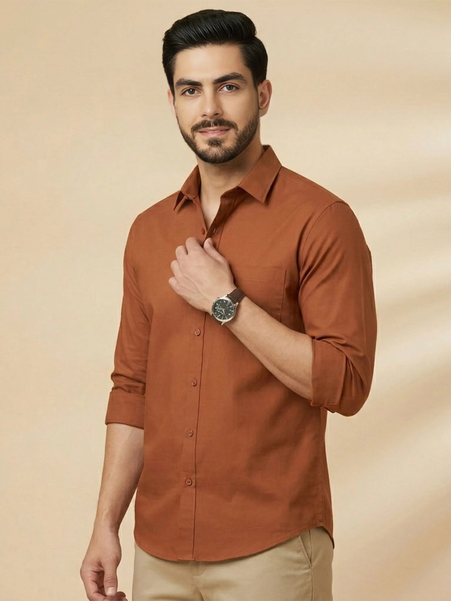 Rust Cotton Blend Solid Casual Shirt