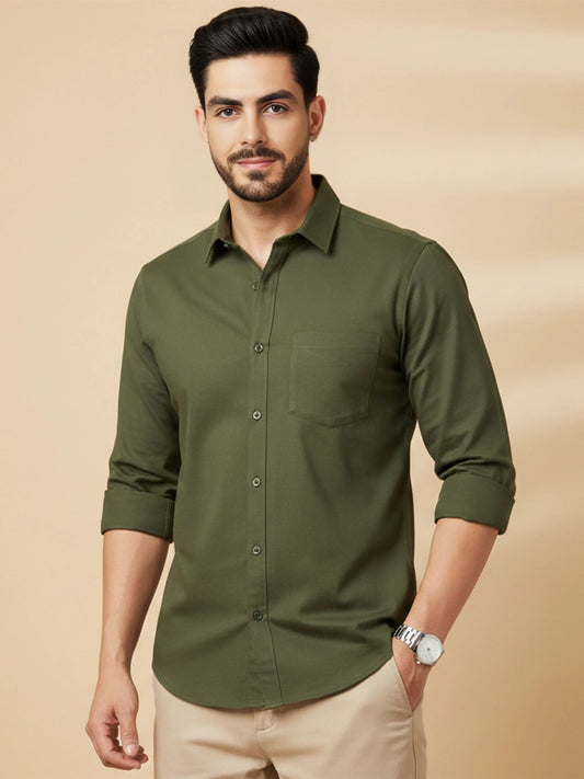 Olive Cotton Blend Solid Casual Shirt