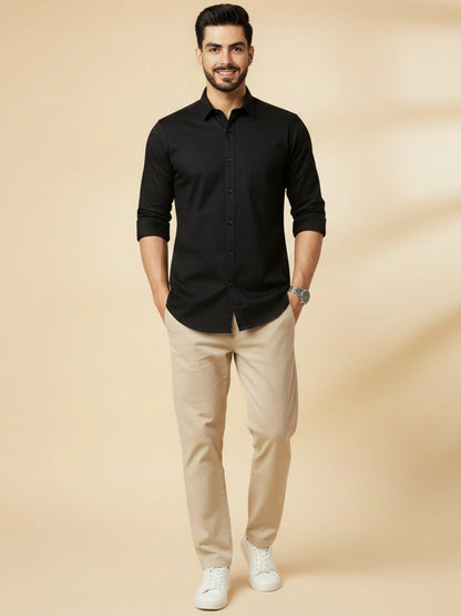Black Cotton Blend Solid Casual Shirt