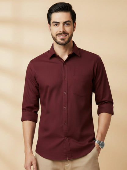 Maroon Cotton Blend Solid Casual Shirt