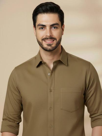 Khaki Cotton Blend Solid Casual Shirt