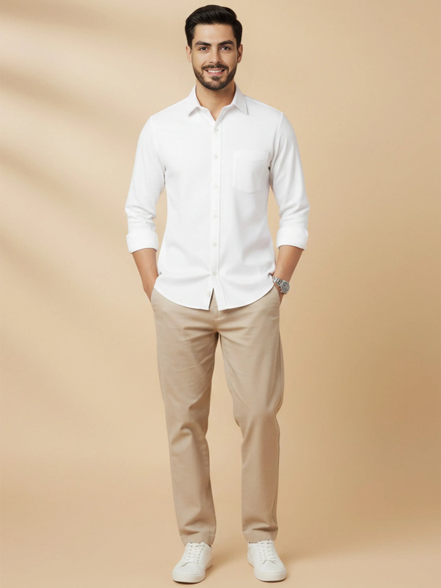 White Cotton Blend Solid Casual Shirt