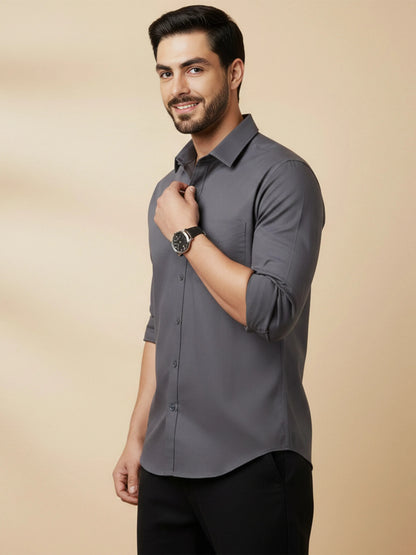 Gray Cotton Blend Solid Casual Shirt