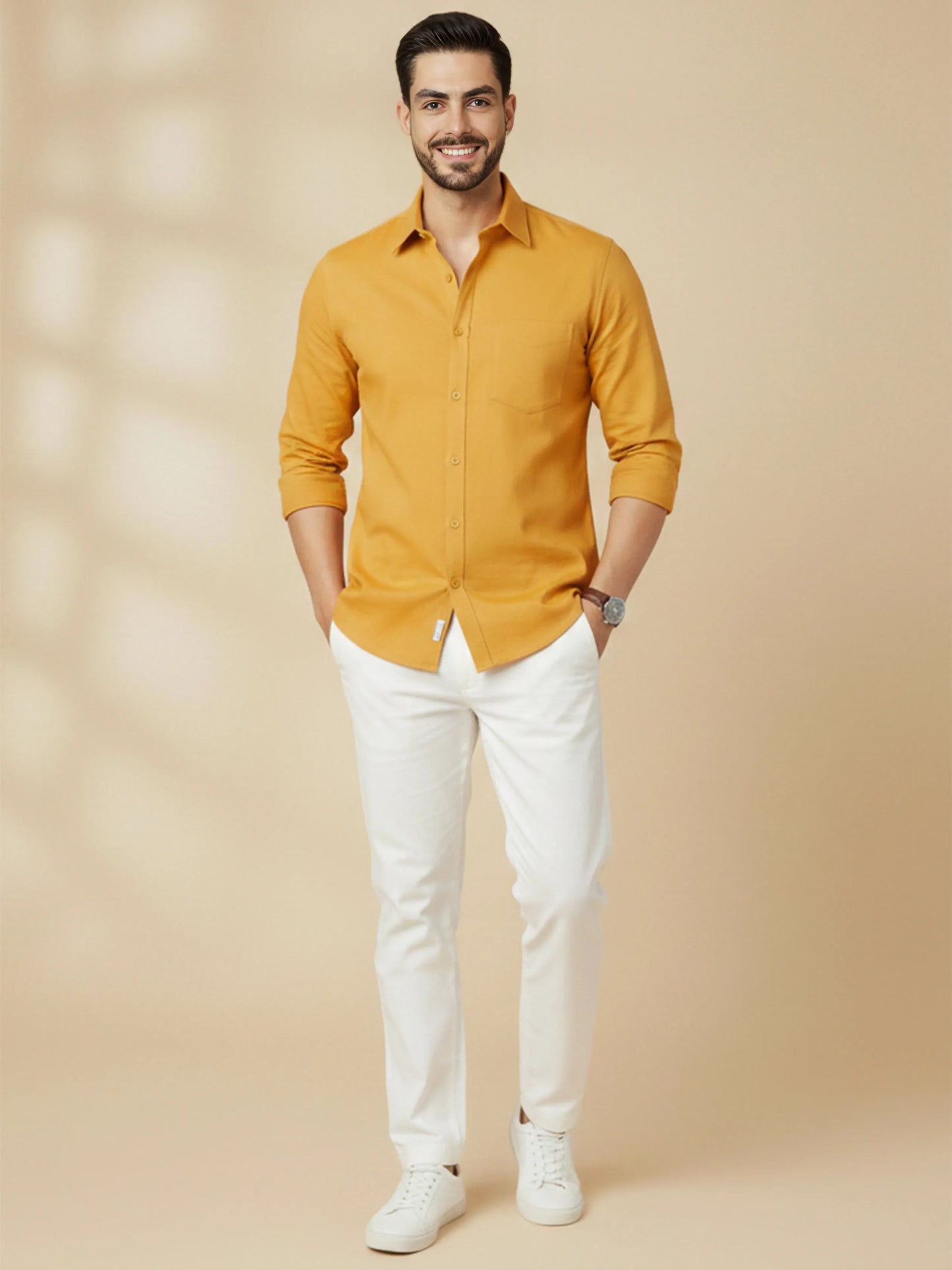 Yellow Cotton Blend Solid Casual Shirt