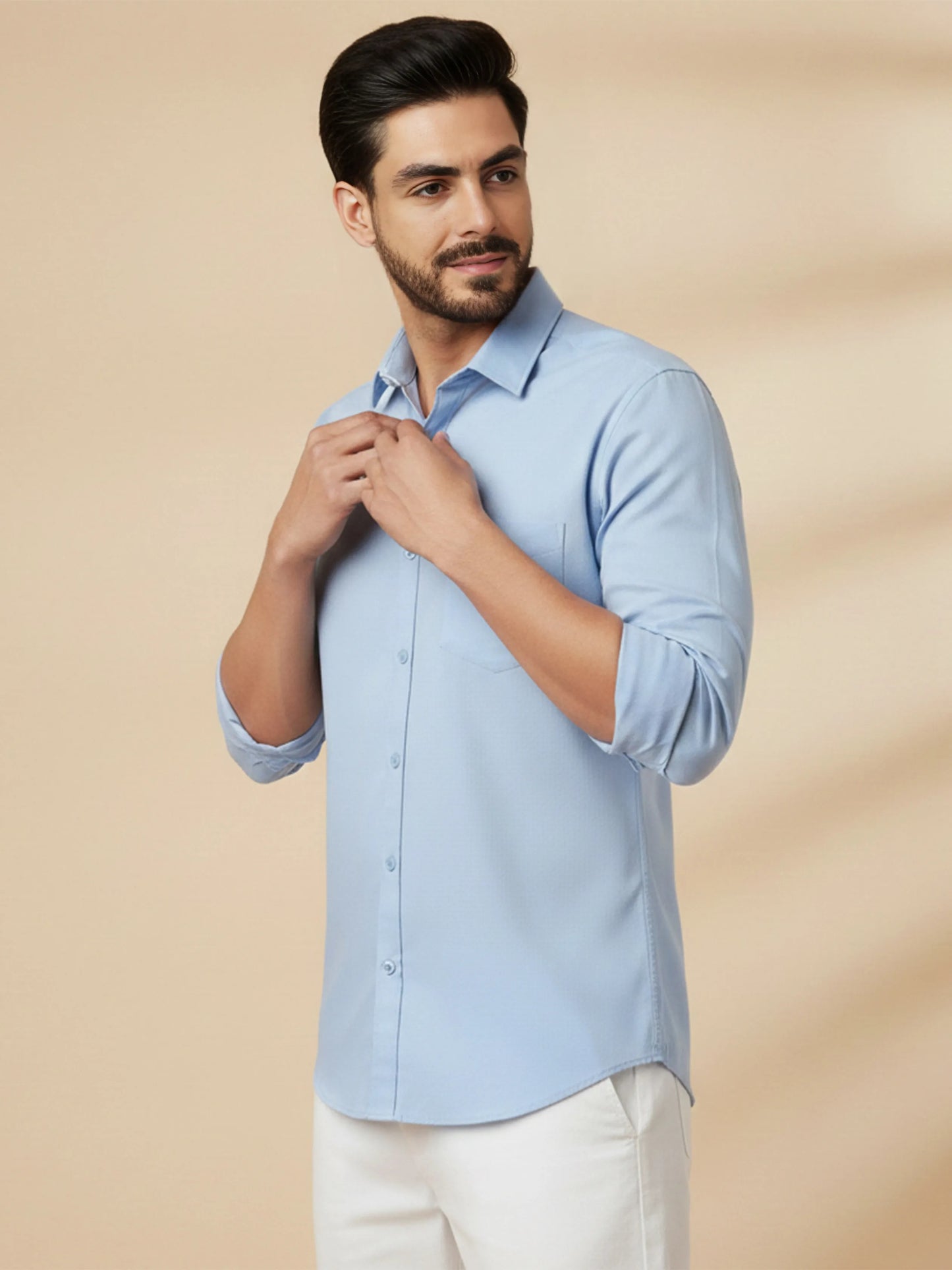 Sky Blue Cotton Blend Solid Casual Shirt