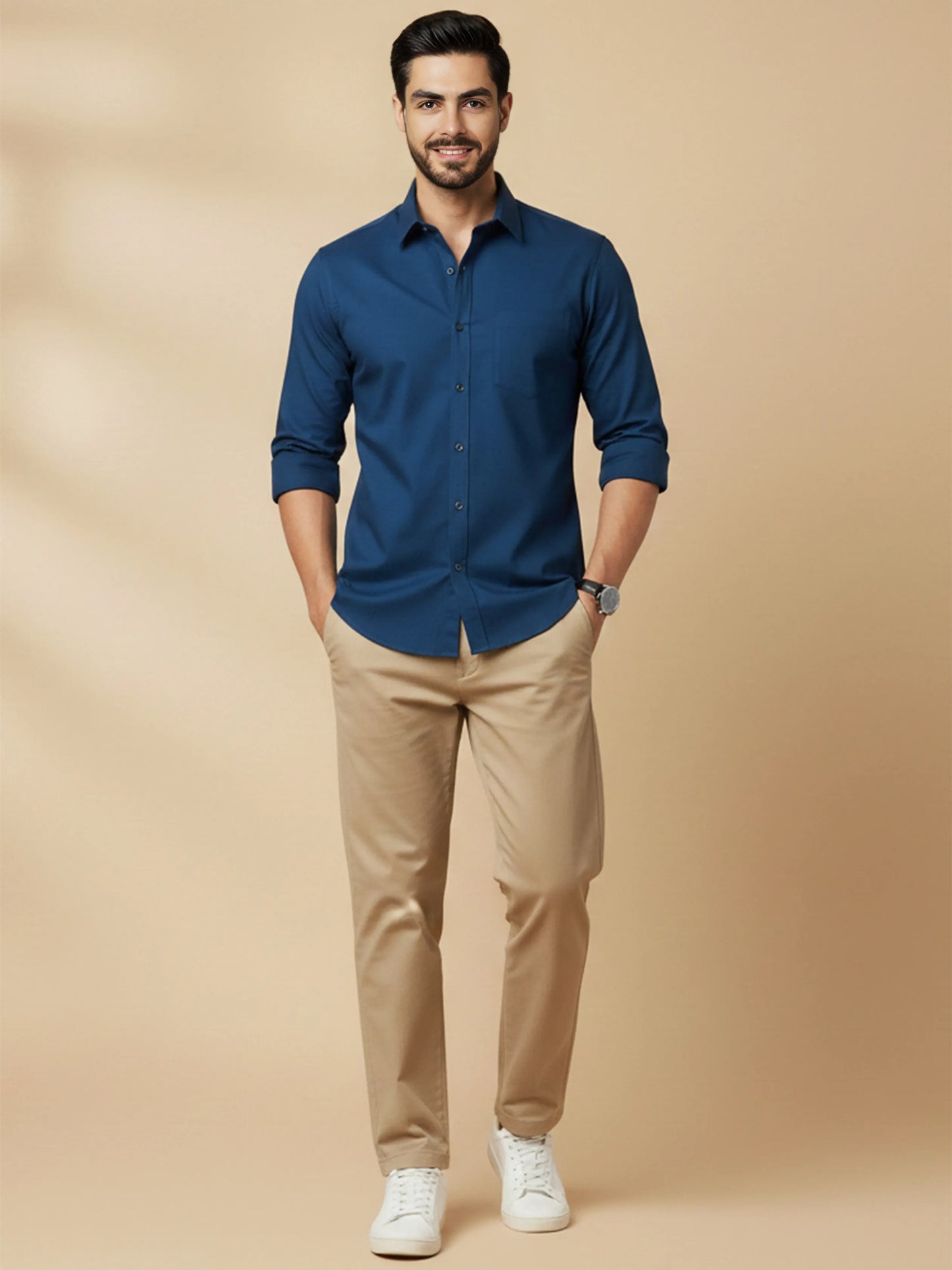 Teal Blue Cotton Blend Solid Casual Shirt