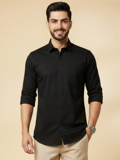 Black Cotton Blend Solid Casual Shirt