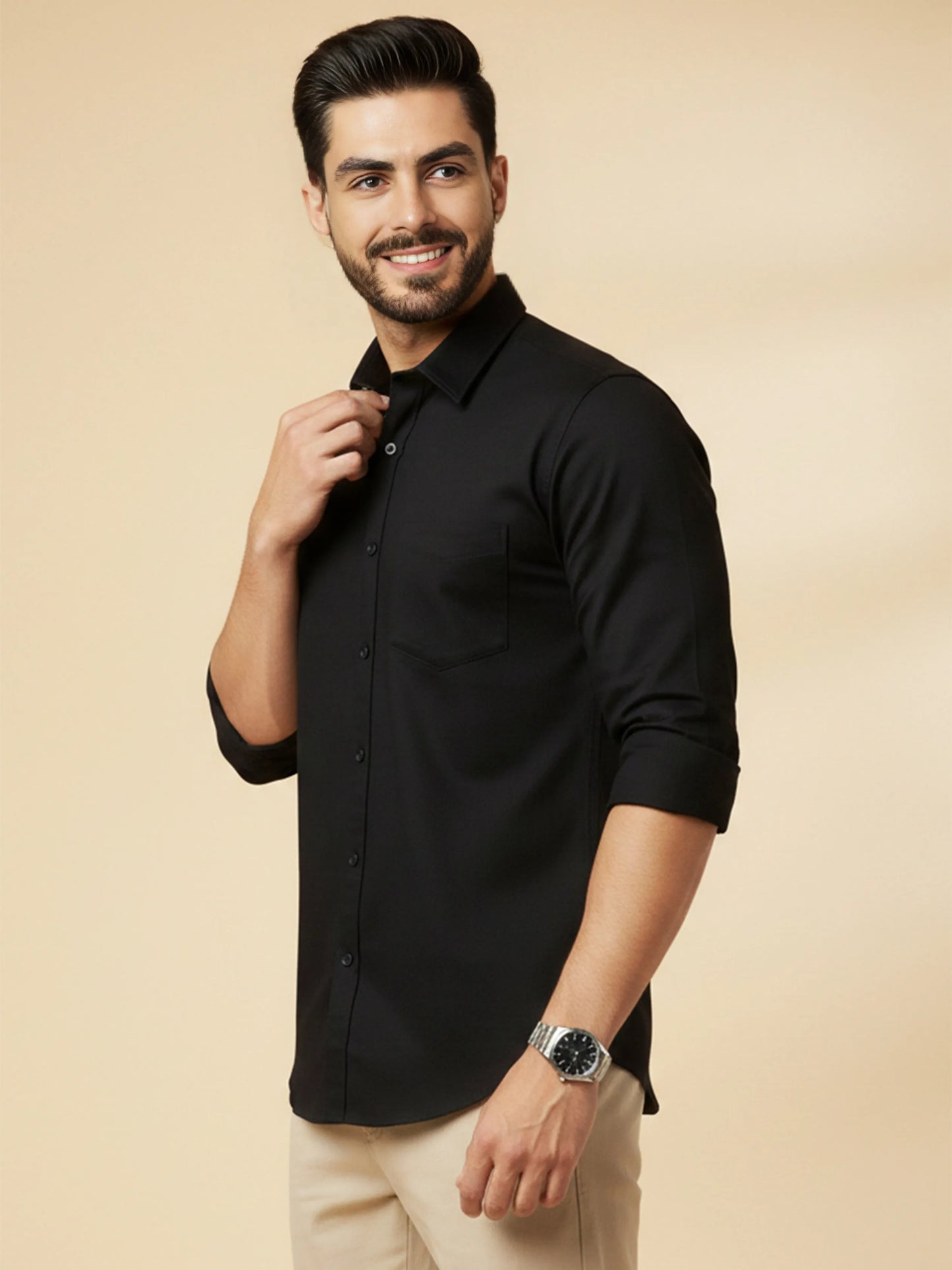 Black Cotton Blend Solid Casual Shirt