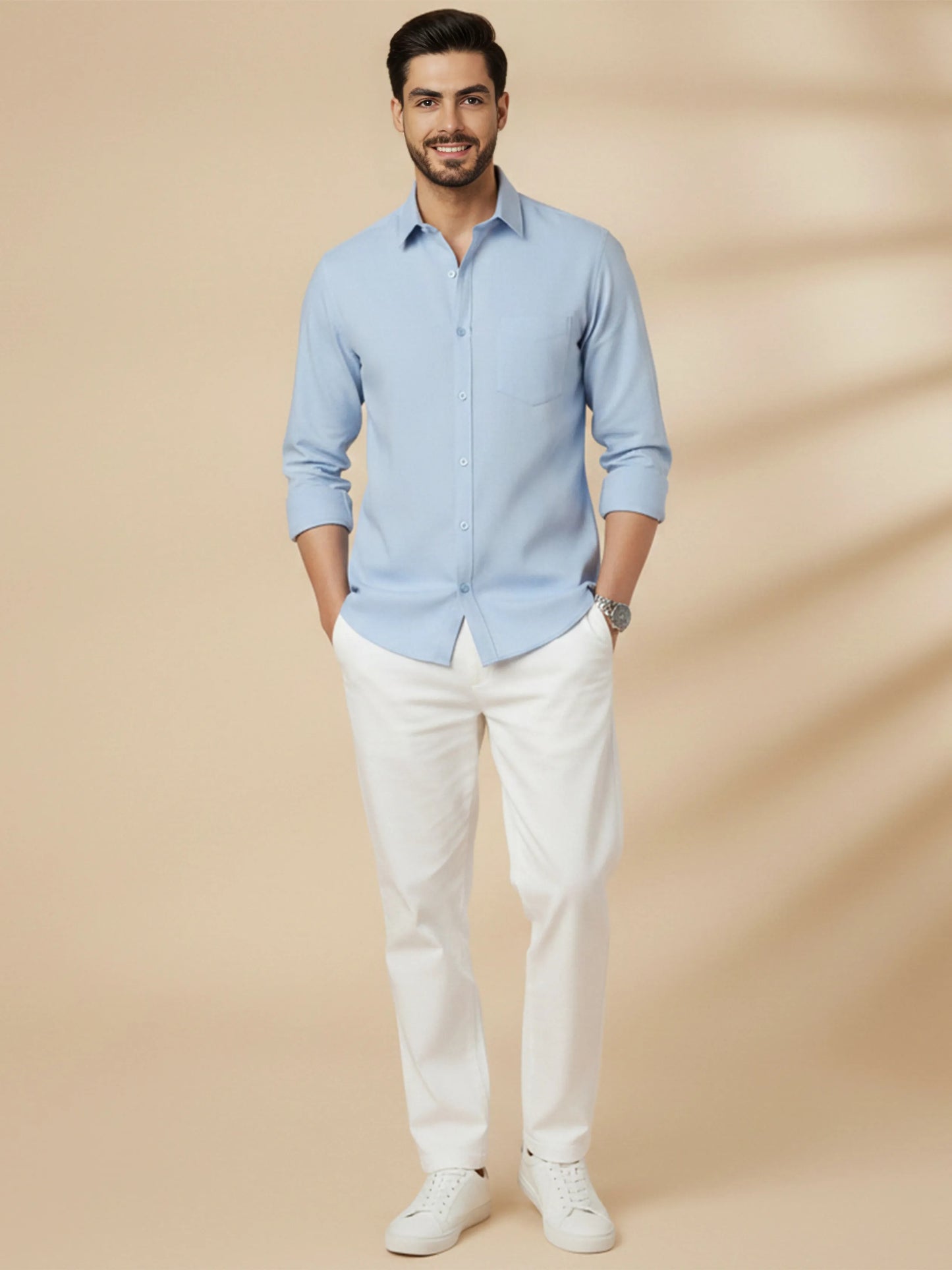 Sky Blue Cotton Blend Solid Casual Shirt