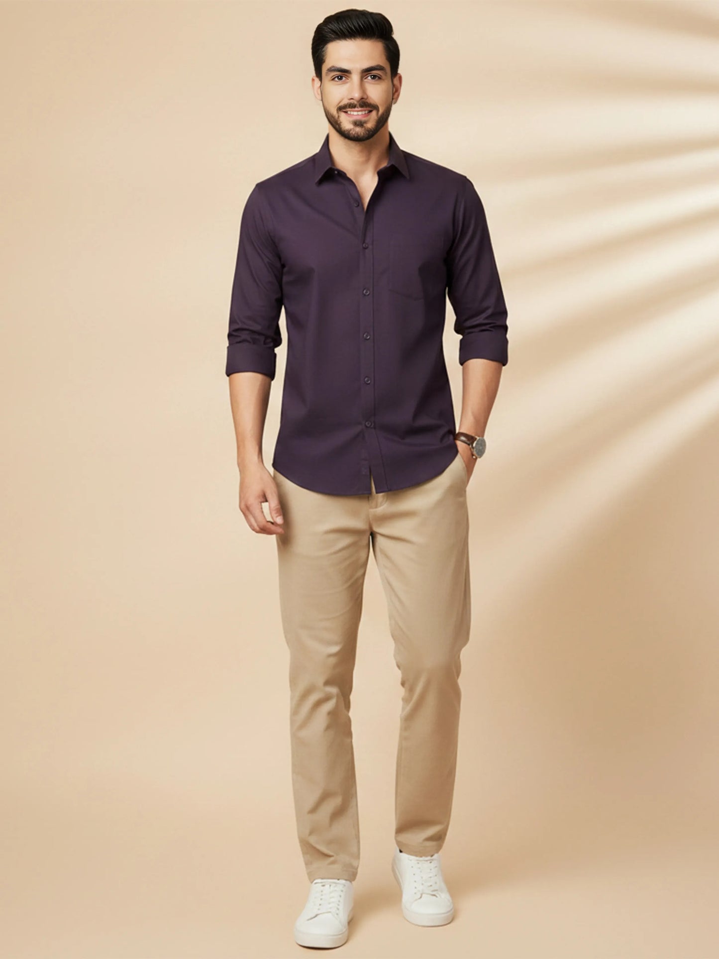 Purple Cotton Blend Solid Casual Shirt