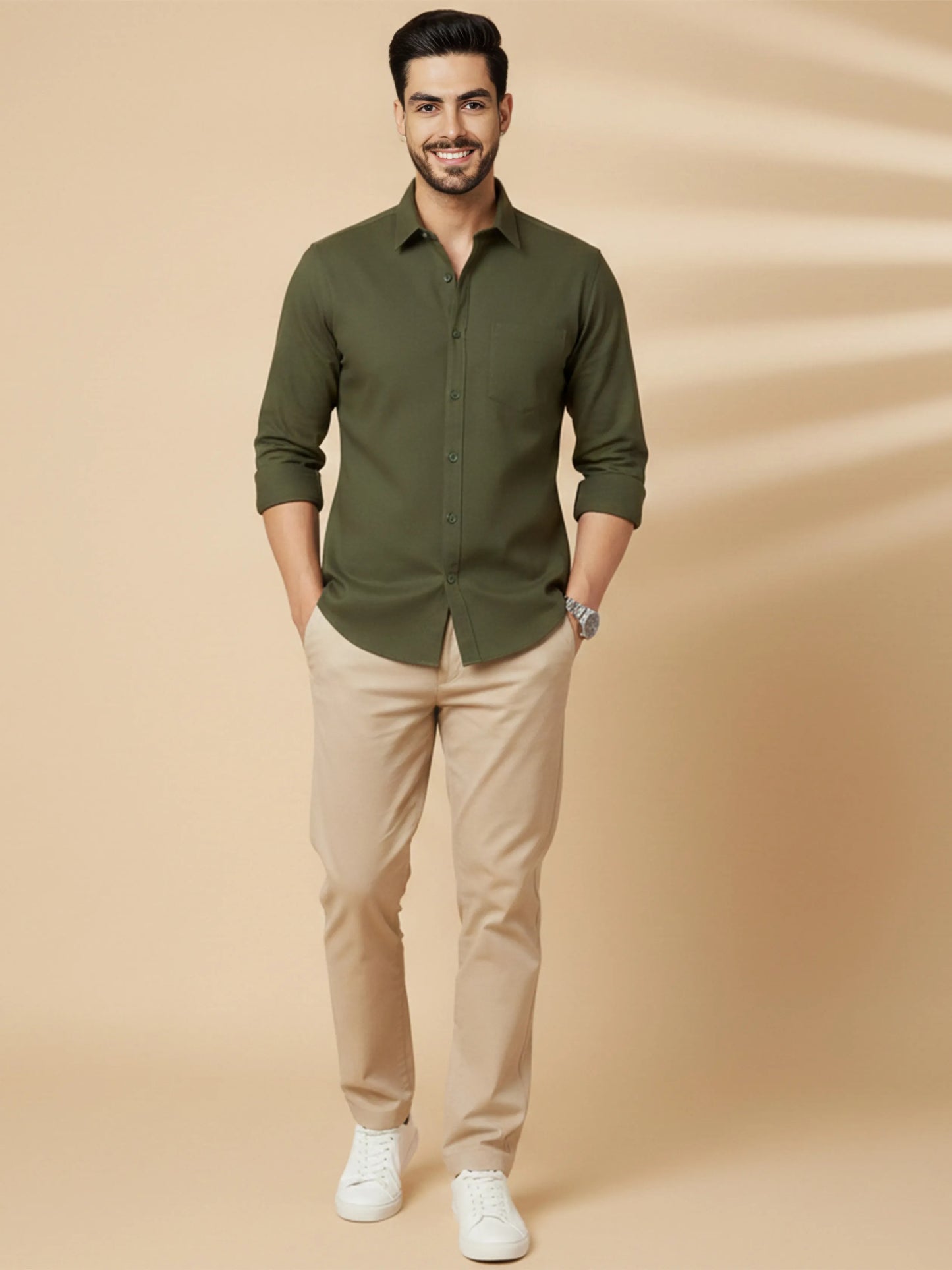 Olive Cotton Blend Solid Casual Shirt
