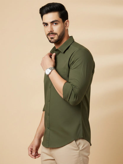 Olive Cotton Blend Solid Casual Shirt